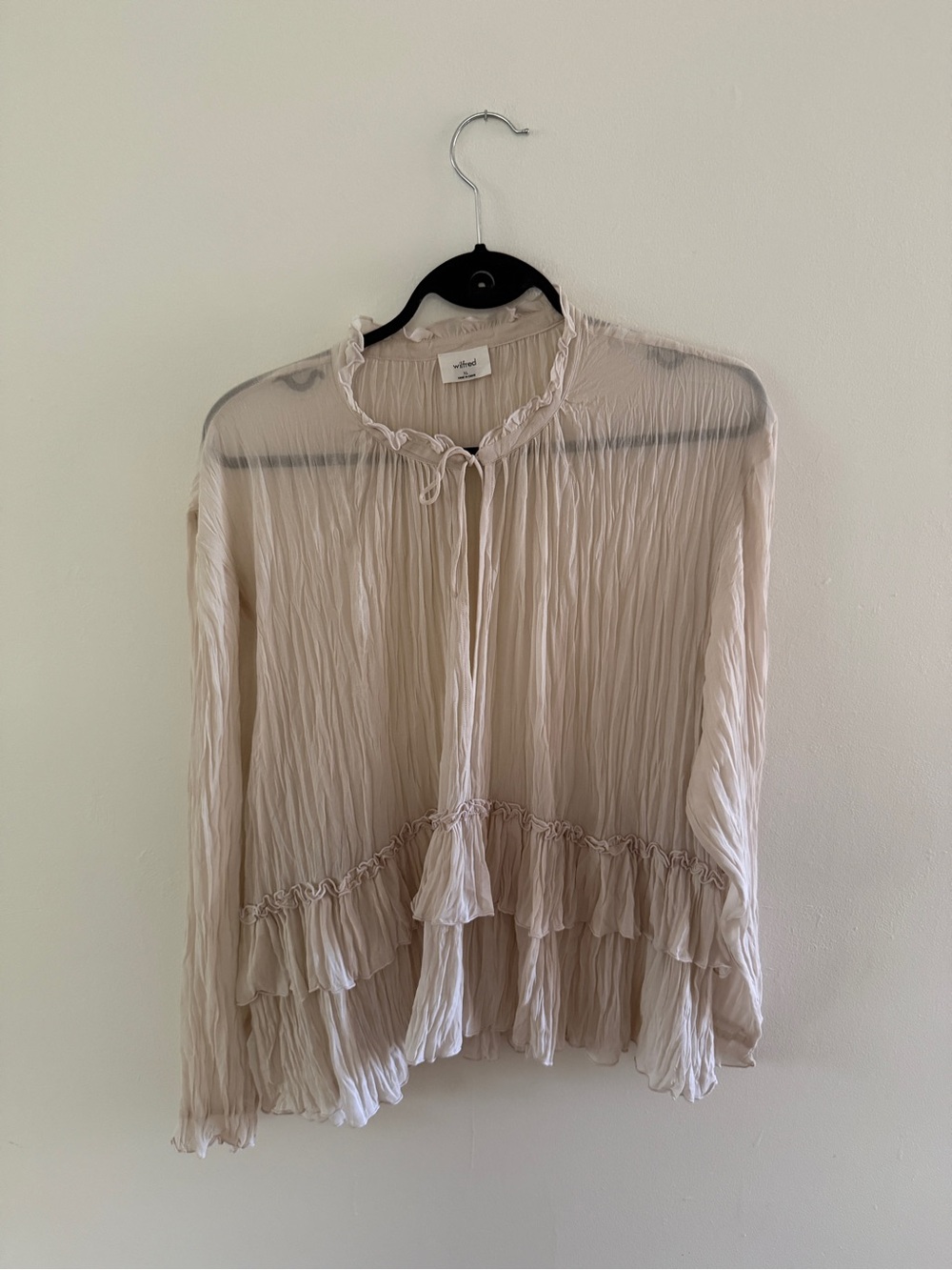 Aritzia Wilfred -Sheer Light Pink Ruffle Tie-Neck Blouse